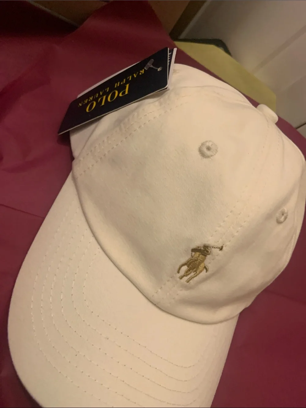 Ralph Lauren Cream Baseball Cap with Gold Pony Embroidery